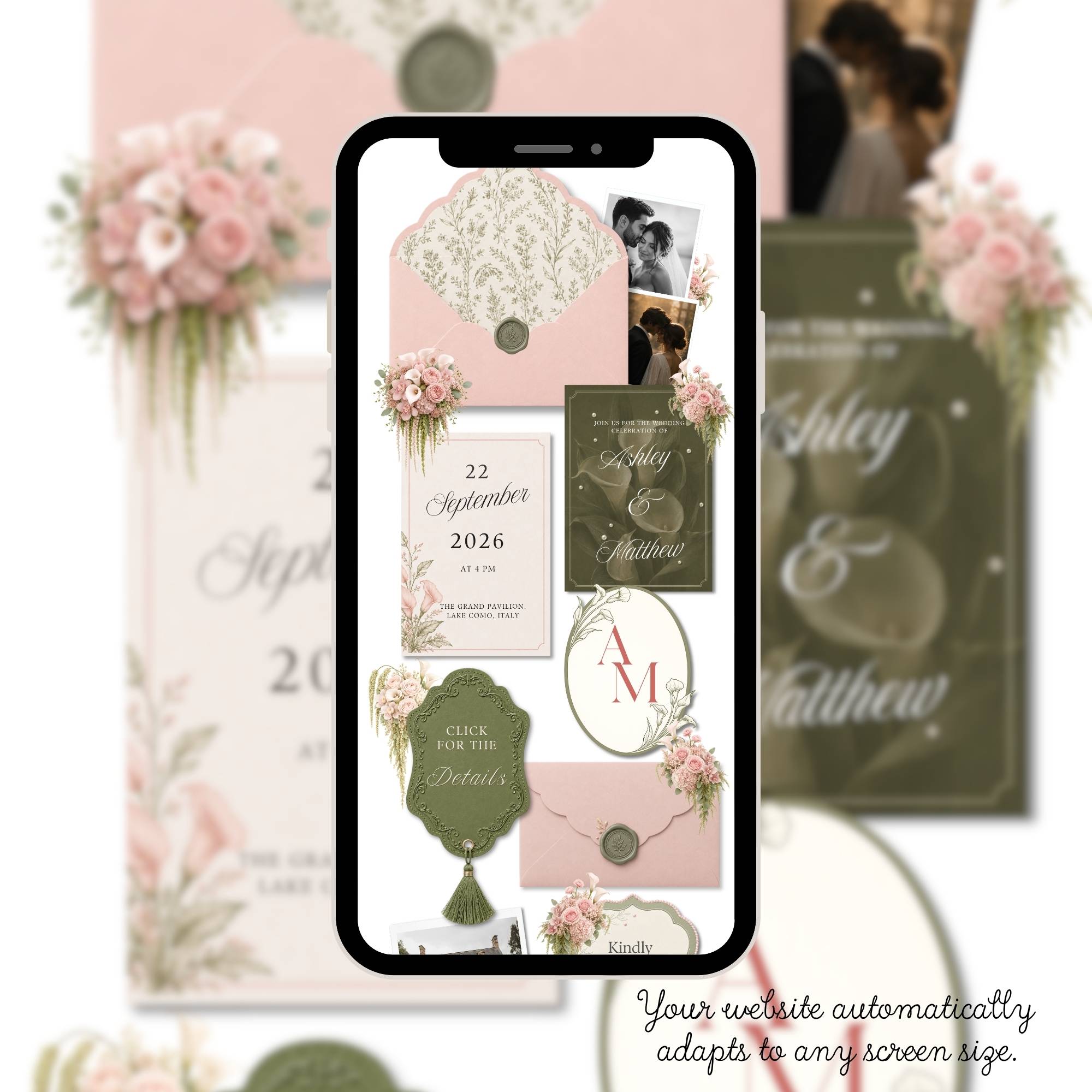 Love story page for blush pink wedding website template editable in Canva