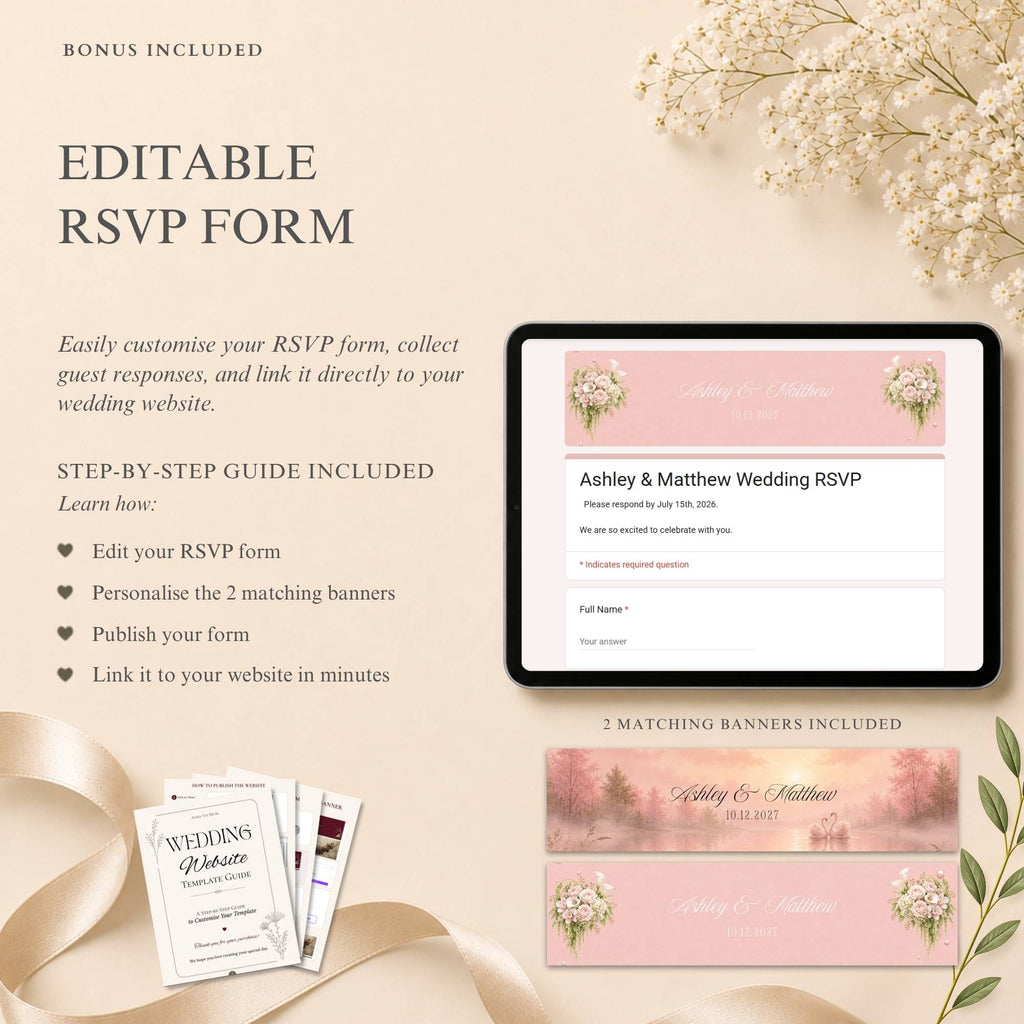 Wedding RSVP page template included with blush pink wedding website