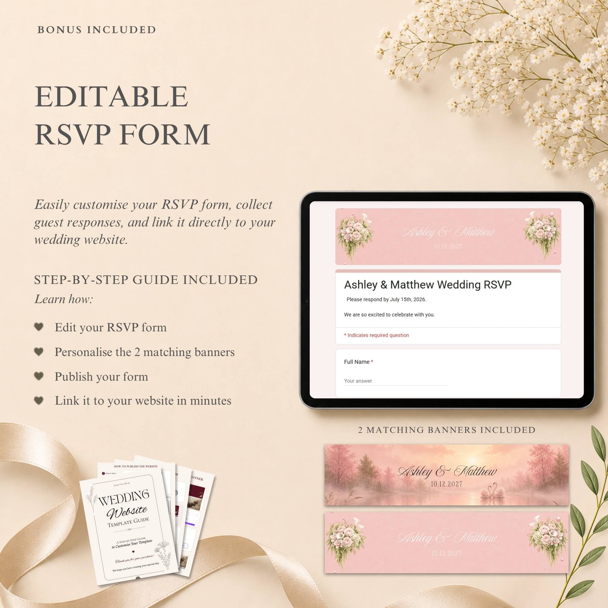 Wedding RSVP page template included with blush pink wedding website