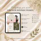 Four page blush pink wedding website template featuring RSVP page love story page and wedding details page
