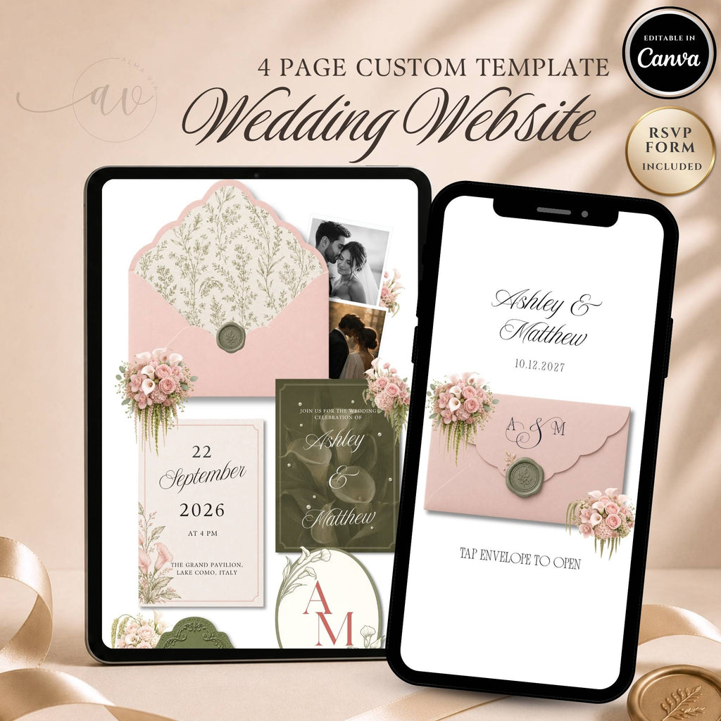 Blush pink wedding website template editable in Canva with RSVP page and envelope opening design