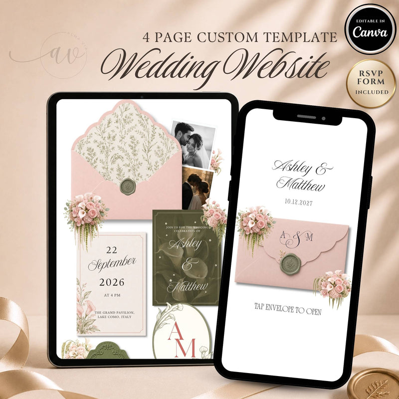 Blush pink wedding website template editable in Canva with RSVP page and envelope opening design