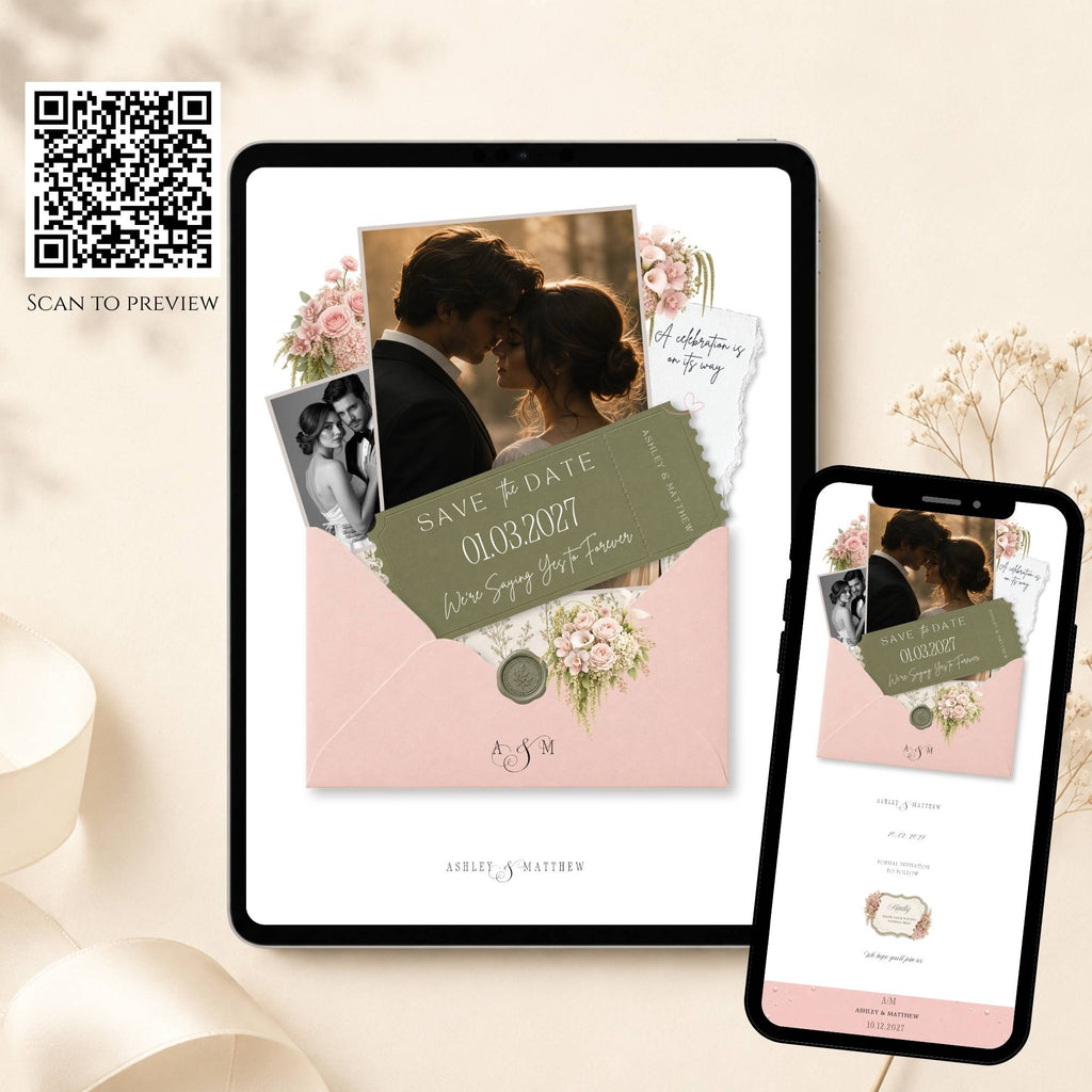 Blush pink and sage green save the date wedding website editable in Canva
