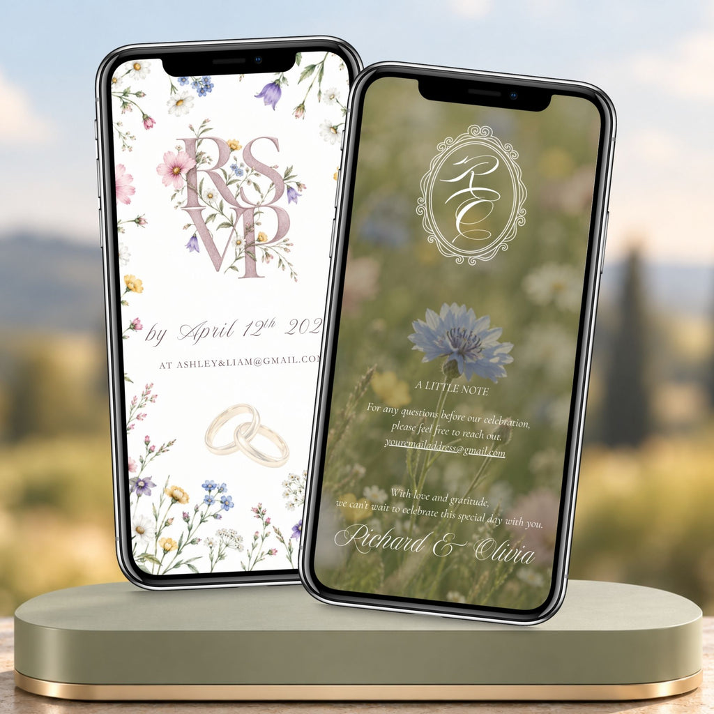 Botanical wedding video invitation with delicate wildflowers, champagne details and coordinated wedding information screens.