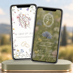 Botanical wedding video invitation with delicate wildflowers, champagne details and coordinated wedding information screens.
