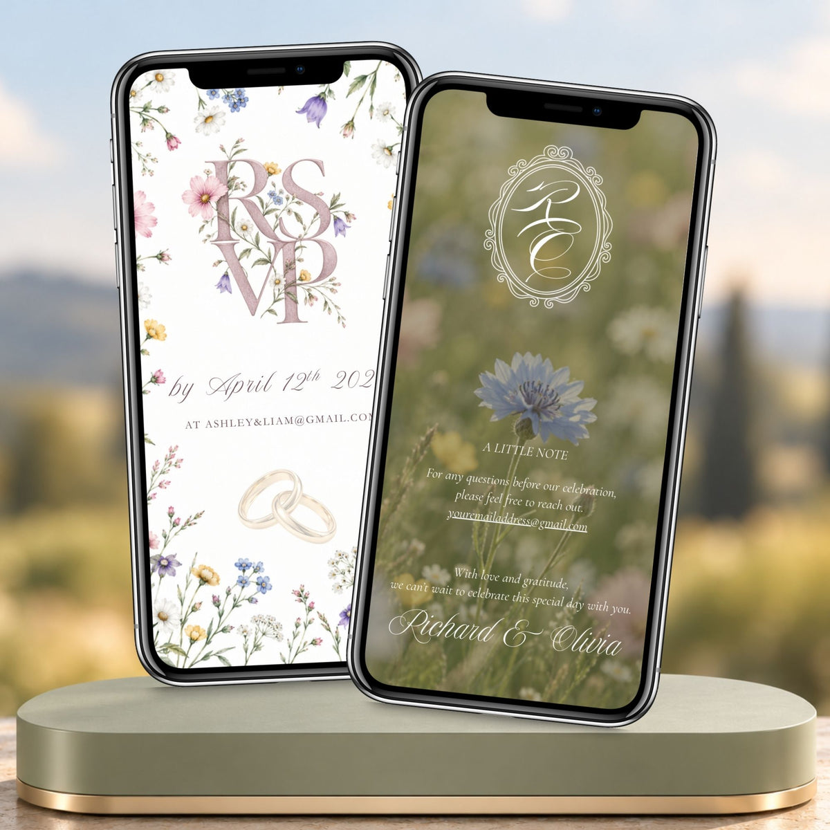 Botanical wedding video invitation with delicate wildflowers, champagne details and coordinated wedding information screens.