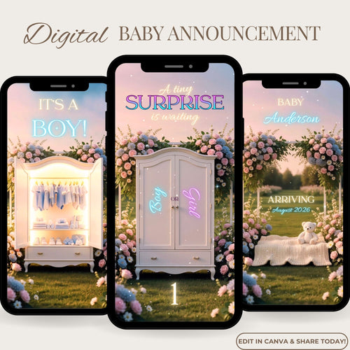 Boy closet gender reveal video invitation featuring an animated baby announcement video.