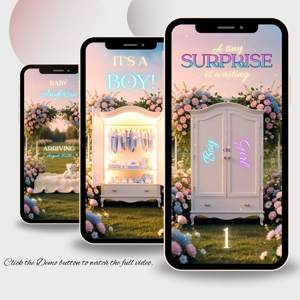 Animated gender reveal video featuring baby closet reveal, personalized text, and announcement details.