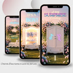 Animated gender reveal video featuring baby closet reveal, personalized text, and announcement details.