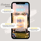 Customer reviews highlighting the quality and editing experience of the boy closet gender reveal video invitation.
