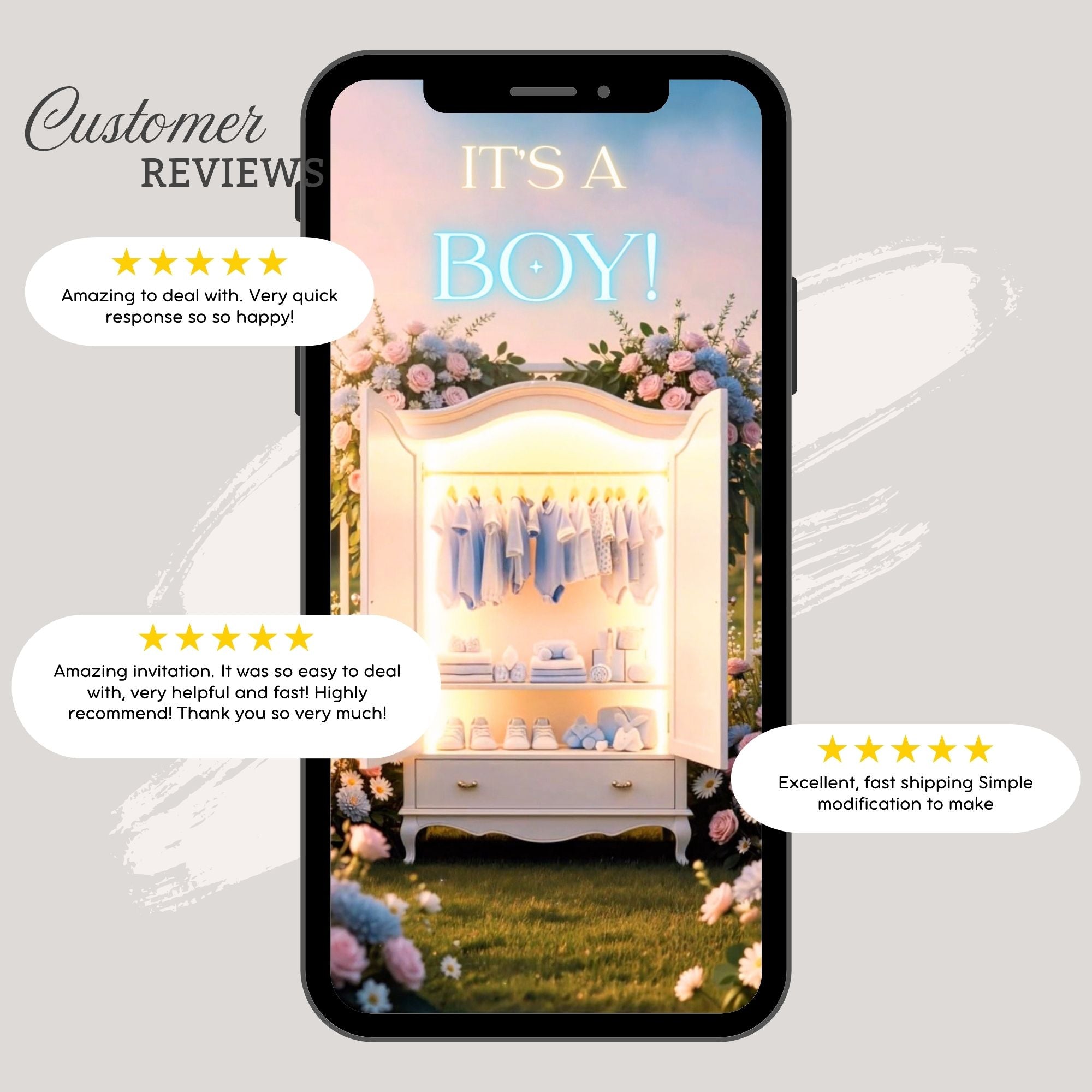 Customer reviews highlighting the quality and editing experience of the boy closet gender reveal video invitation.