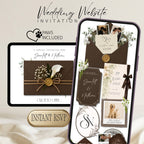 Elegant brown envelope wedding website template with RSVP, wax seal details, botanical florals, and interactive mobile-friendly design.
