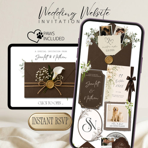 Elegant brown envelope wedding website template with RSVP, wax seal details, botanical florals, and interactive mobile-friendly design.