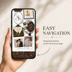 Brown envelope wedding website featuring intuitive navigation buttons for RSVP, wedding details, timeline, and guest information.