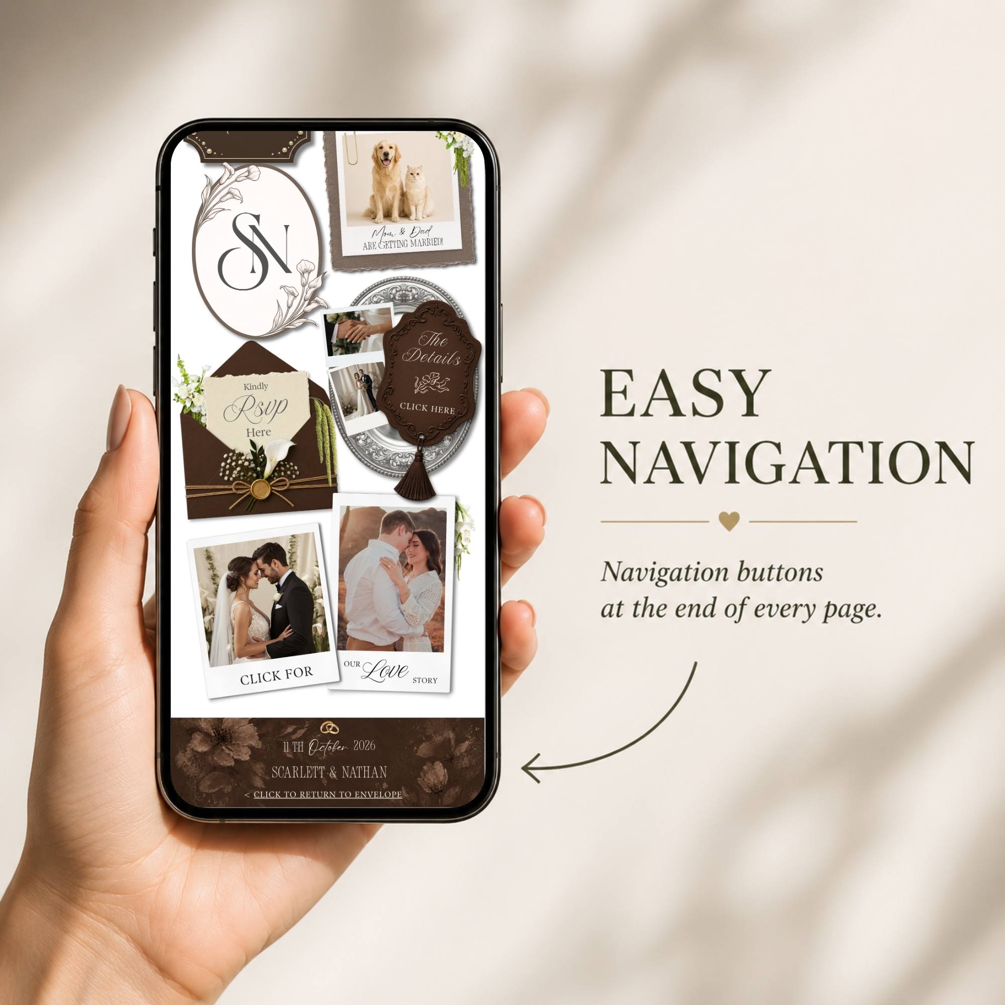 Brown envelope wedding website featuring intuitive navigation buttons for RSVP, wedding details, timeline, and guest information.