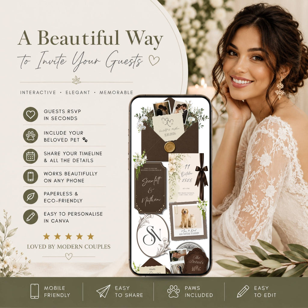 Interactive wedding website template showcasing RSVP tools, mobile-friendly design, customization options, and elegant envelope styling.