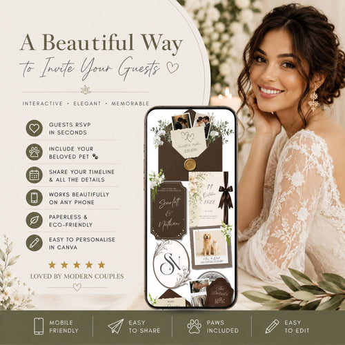 Interactive wedding website template showcasing RSVP tools, mobile-friendly design, customization options, and elegant envelope styling.