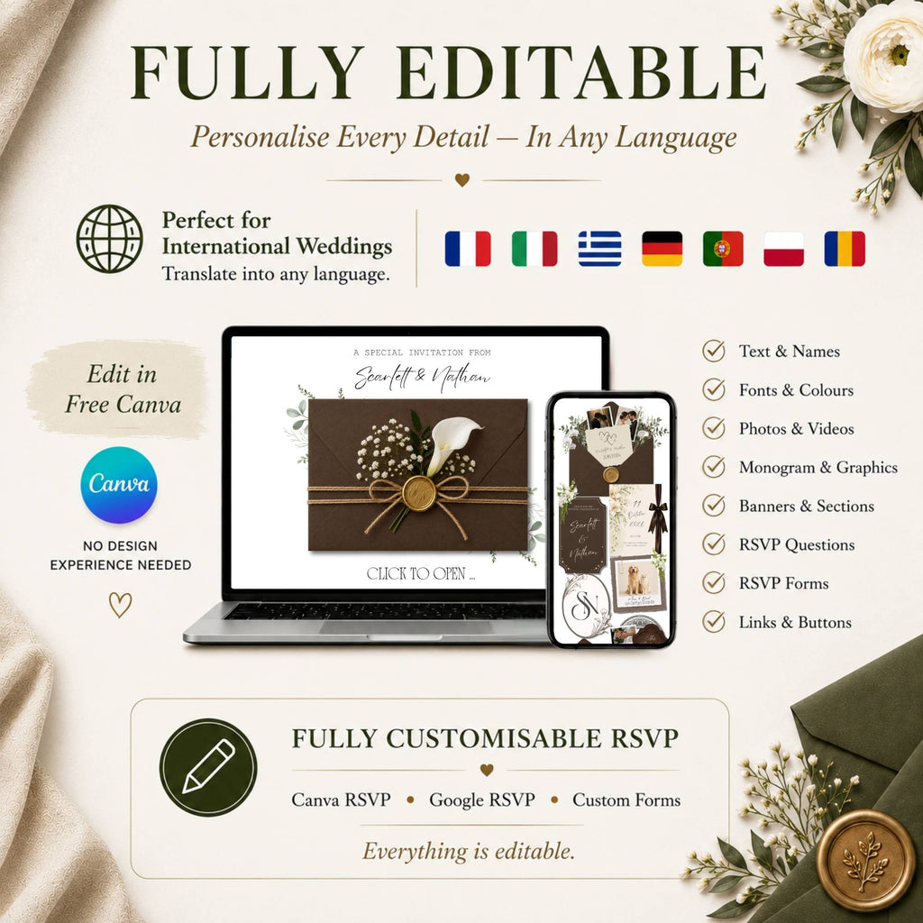 Brown Envelope Wedding Website Template, Canva Wedding Website with RSVP