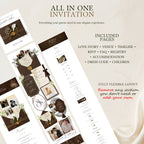 Wedding website template featuring included pages for RSVP, venue details, timeline, accommodation, registry, FAQ, and love story.