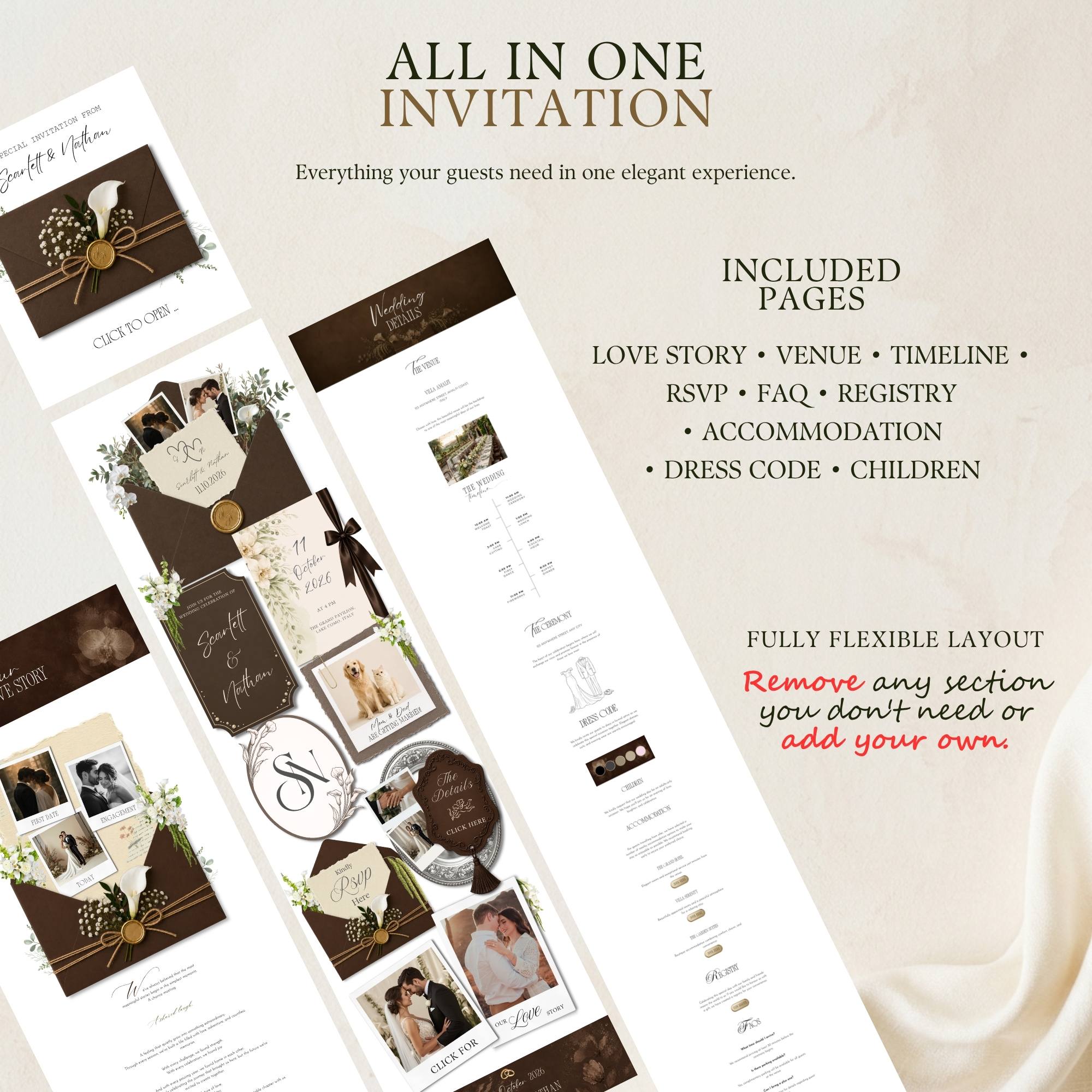 Wedding website template featuring included pages for RSVP, venue details, timeline, accommodation, registry, FAQ, and love story.