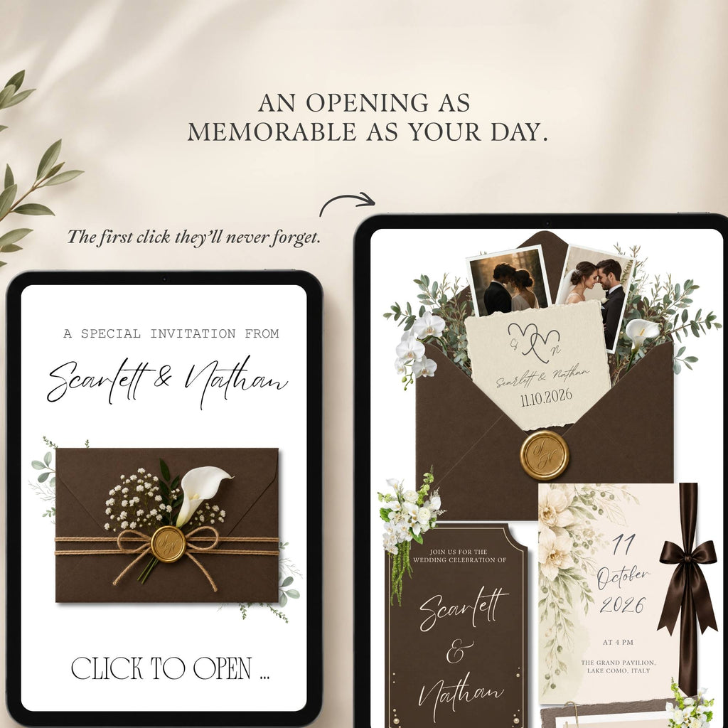 Editable wedding website template allowing customization of names, fonts, colors, images, RSVP details, and website content.