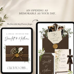 Editable wedding website template allowing customization of names, fonts, colors, images, RSVP details, and website content.