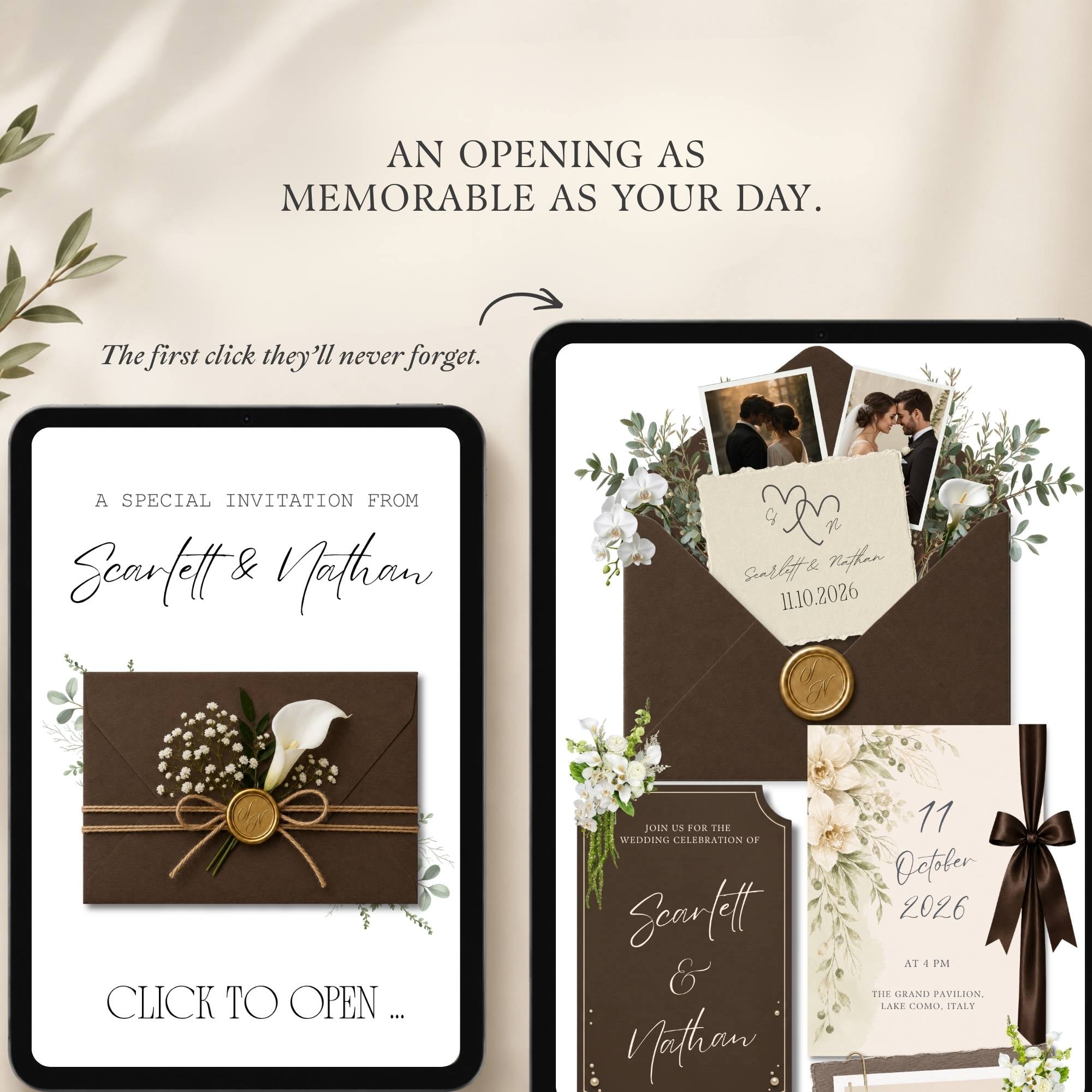 Editable wedding website template allowing customization of names, fonts, colors, images, RSVP details, and website content.
