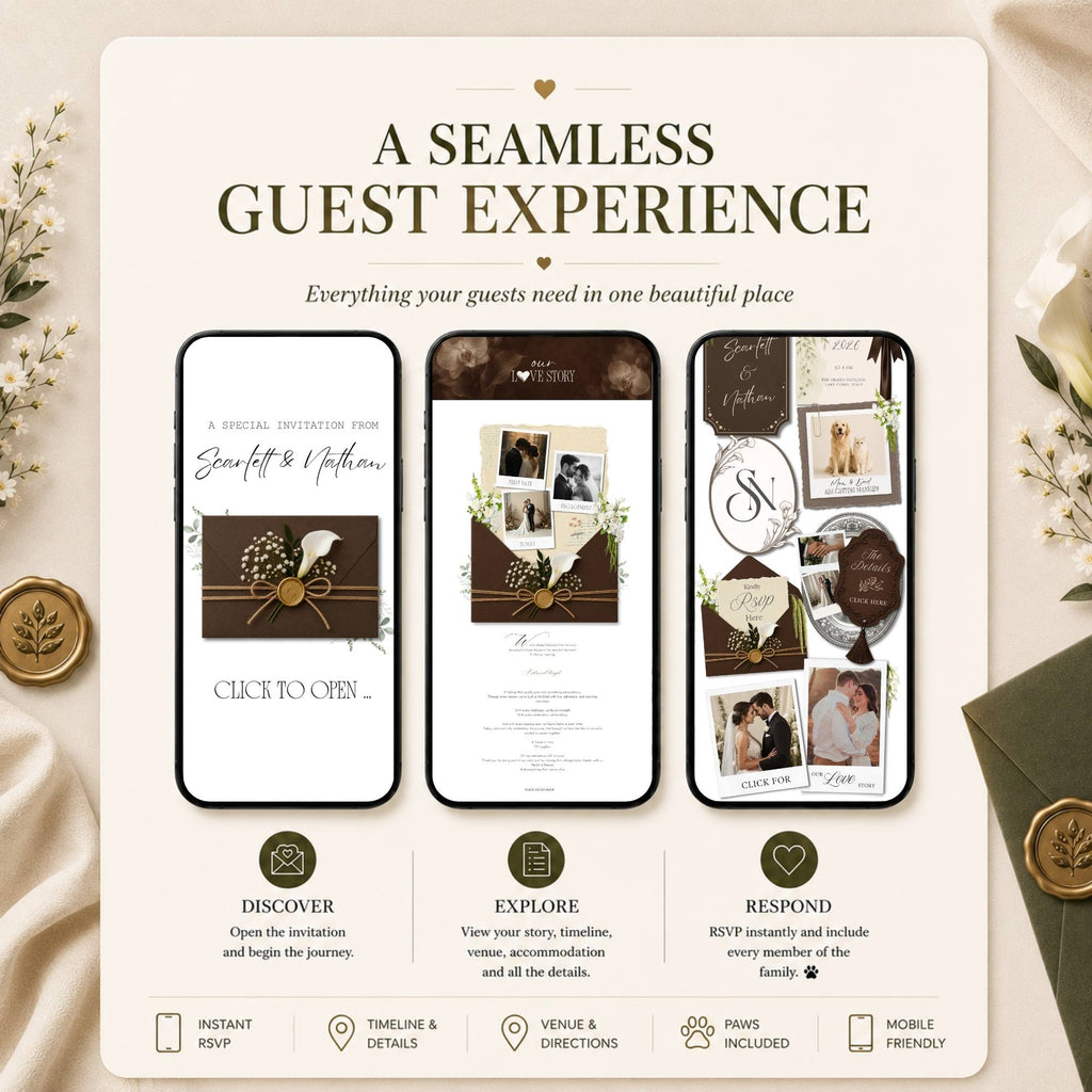 All-in-one wedding website providing a seamless guest experience with RSVP, timeline, venue information, and accommodation details.