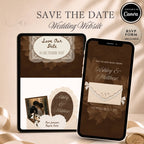 Brown save the date wedding website with ivory lace details, interactive envelope opening design and RSVP form included.