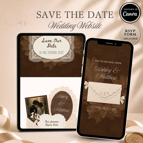 Brown save the date wedding website with ivory lace details, interactive envelope opening design and RSVP form included.