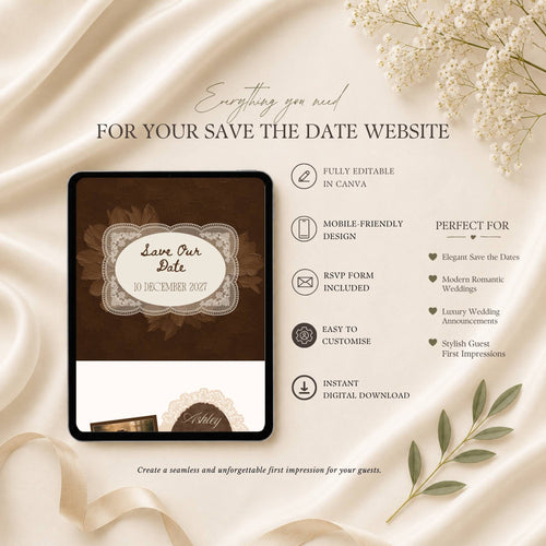 Brown save the date wedding website with optional live wedding countdown feature displayed on tablet.