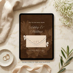 Brown and ivory lace save the date wedding website displayed with demo preview link information.
