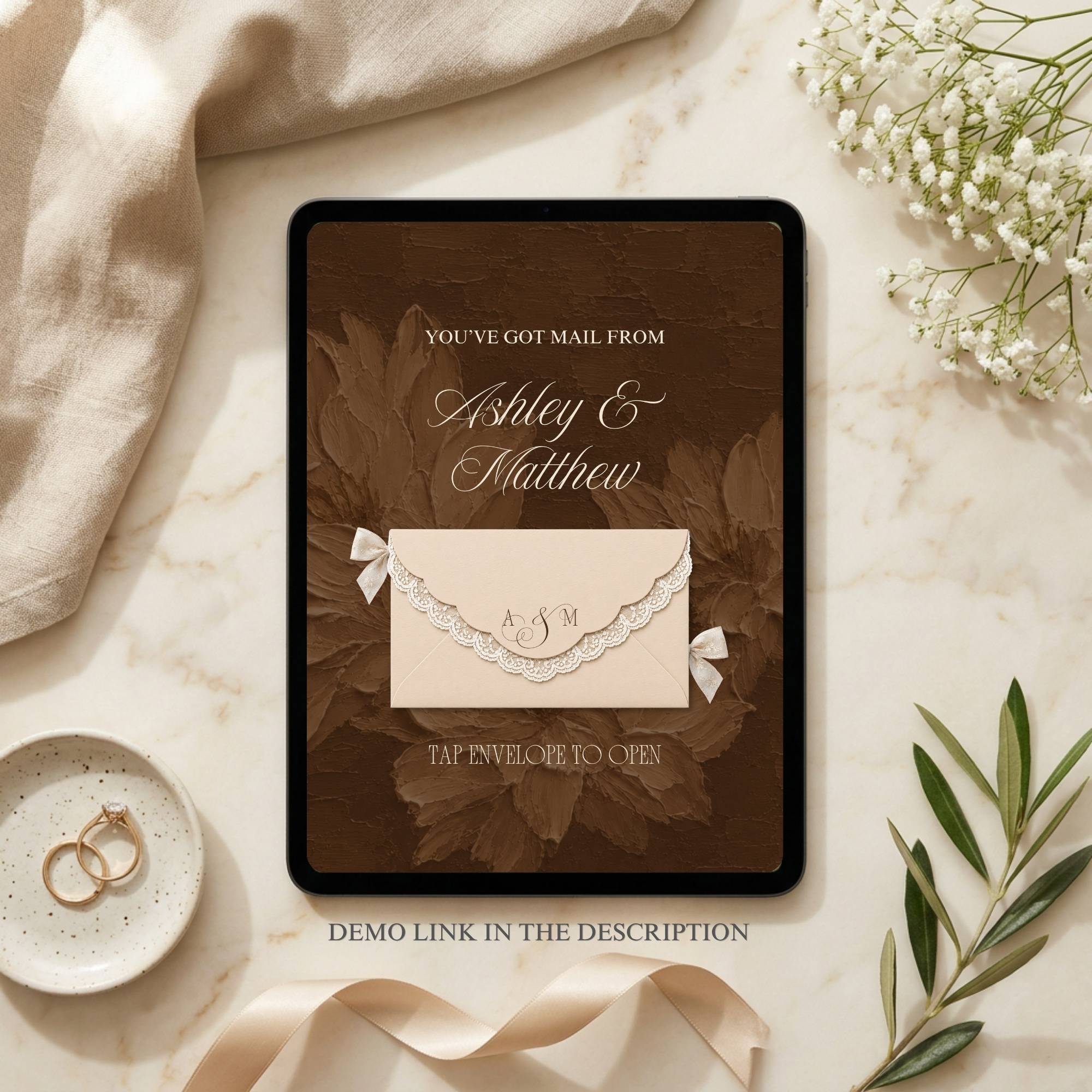 Brown and ivory lace save the date wedding website displayed with demo preview link information.