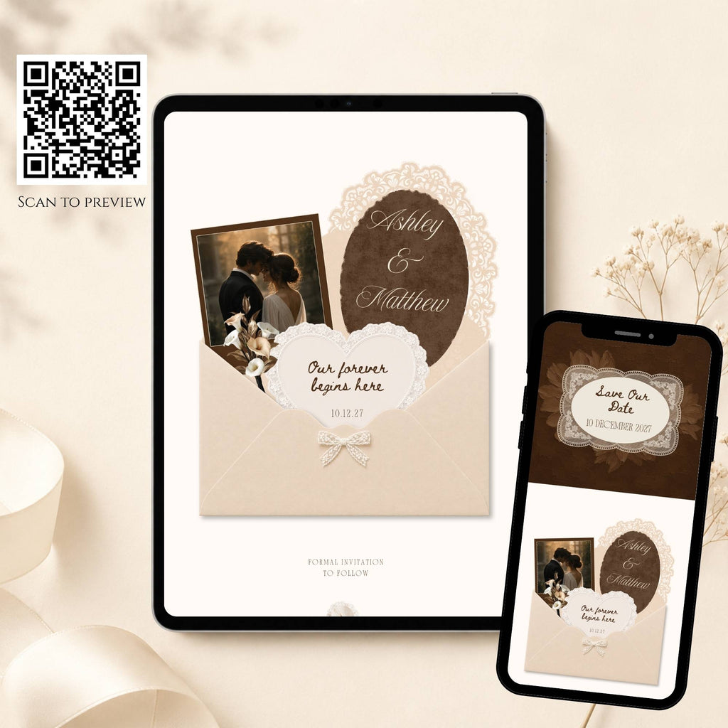 Brown and ivory save the date wedding website displayed on tablet and mobile devices with QR code demo preview.