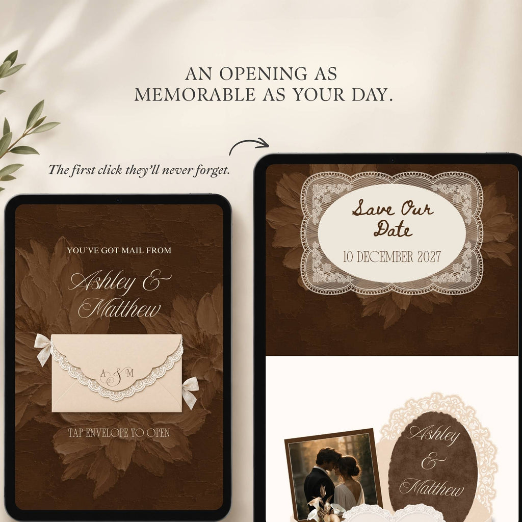 Mobile-friendly brown wedding website template shown adapting automatically to different screen sizes.