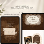 Mobile-friendly brown wedding website template shown adapting automatically to different screen sizes.