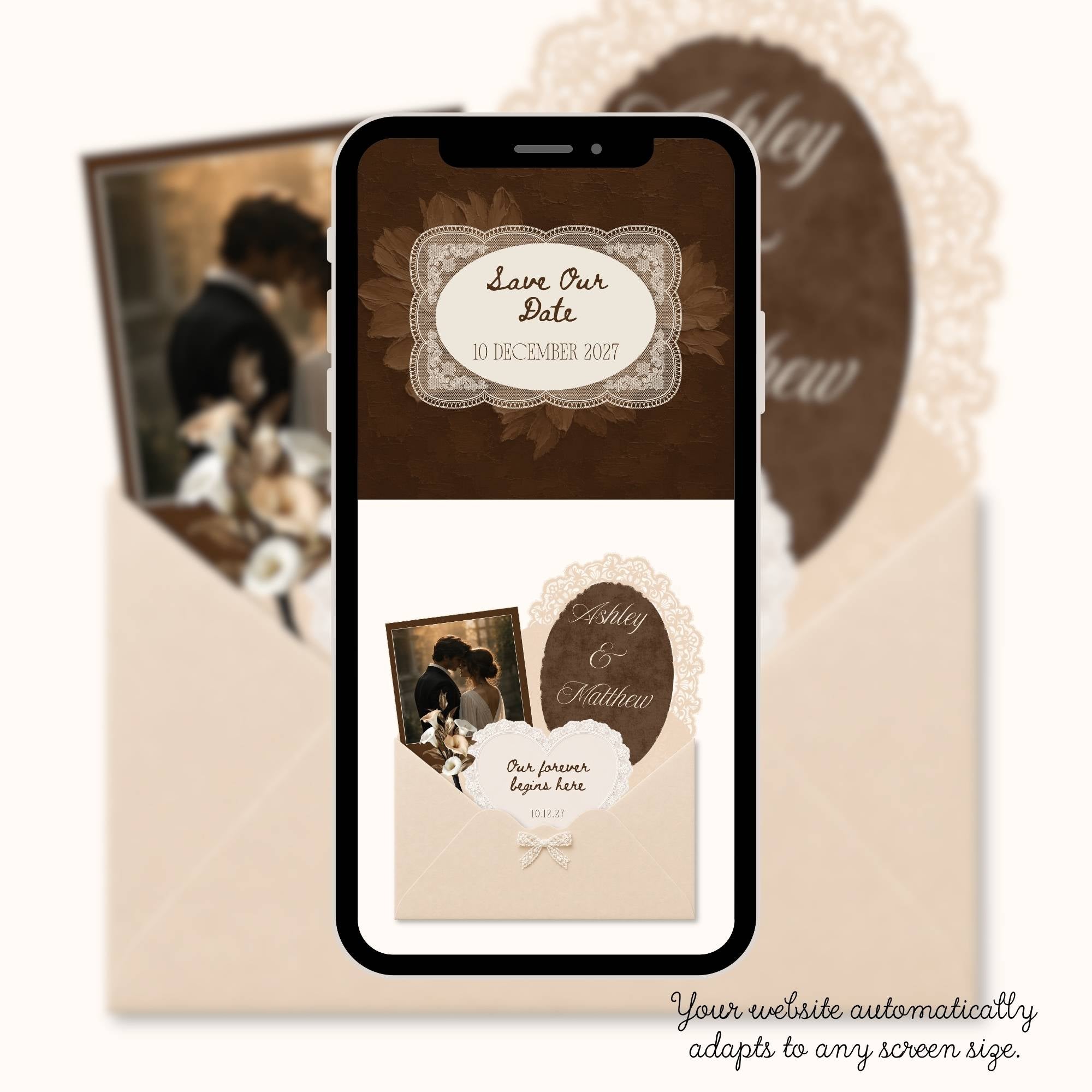 Editable brown wedding website template showing customisable names, photos, fonts and wedding details.