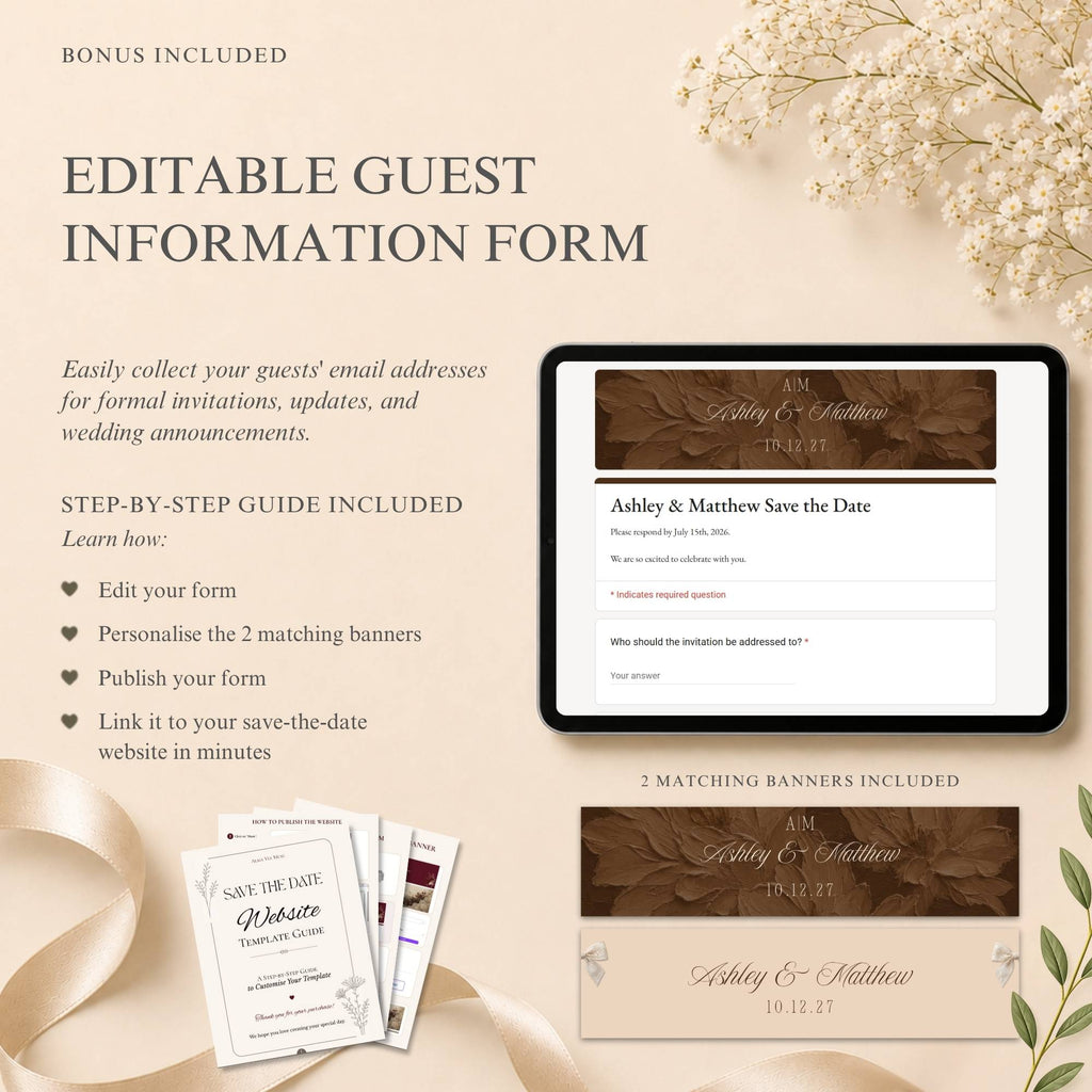Editable guest information RSVP form matching the brown and ivory wedding website design.