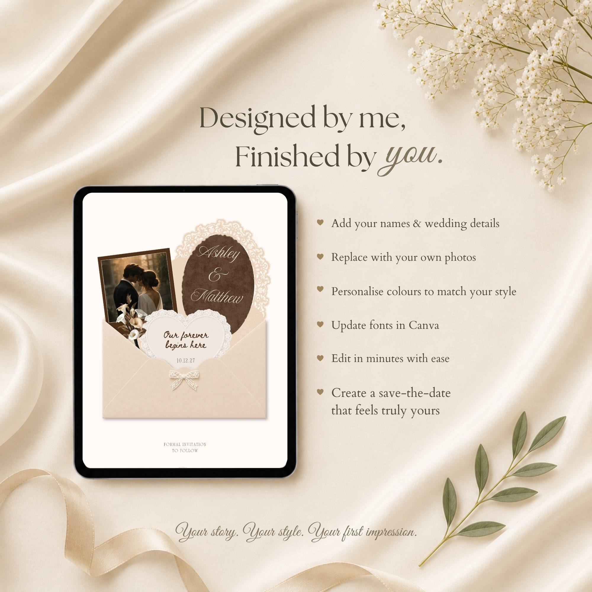 Interactive envelope opening save the date wedding website revealing personalised wedding details and photos.