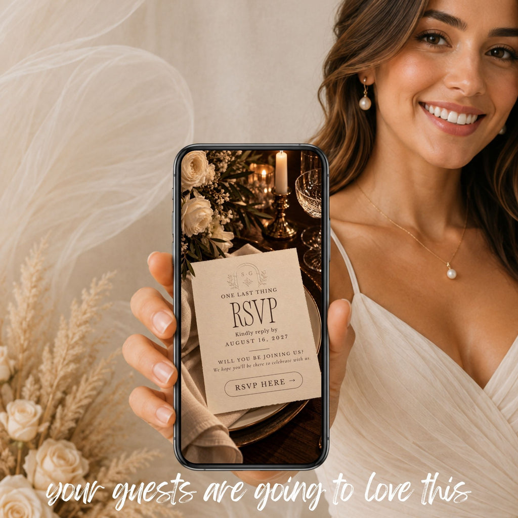 Brown wedding RSVP website displayed on a phone with candlelit styling and personalized guest response section.