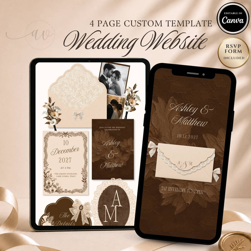 Four page brown wedding website template featuring RSVP page love story page and wedding details page