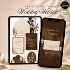 Four page brown wedding website template featuring RSVP page love story page and wedding details page