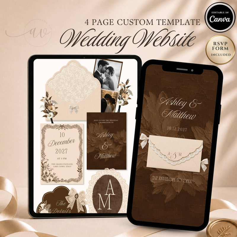 Four page brown wedding website template featuring RSVP page love story page and wedding details page