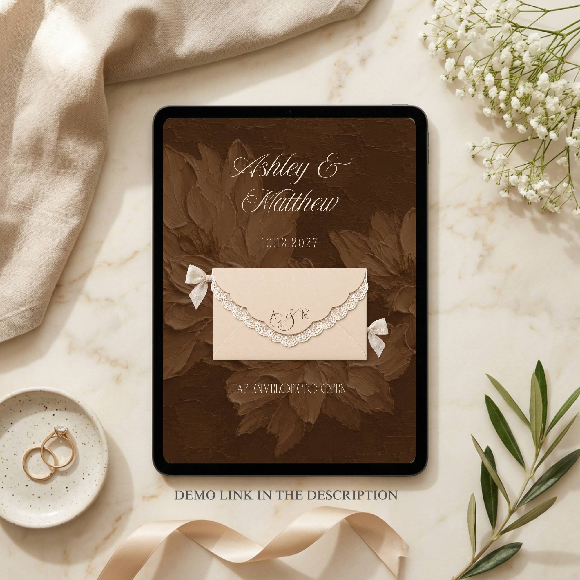 Brown wedding website template with RSVP banner and bonus resources included