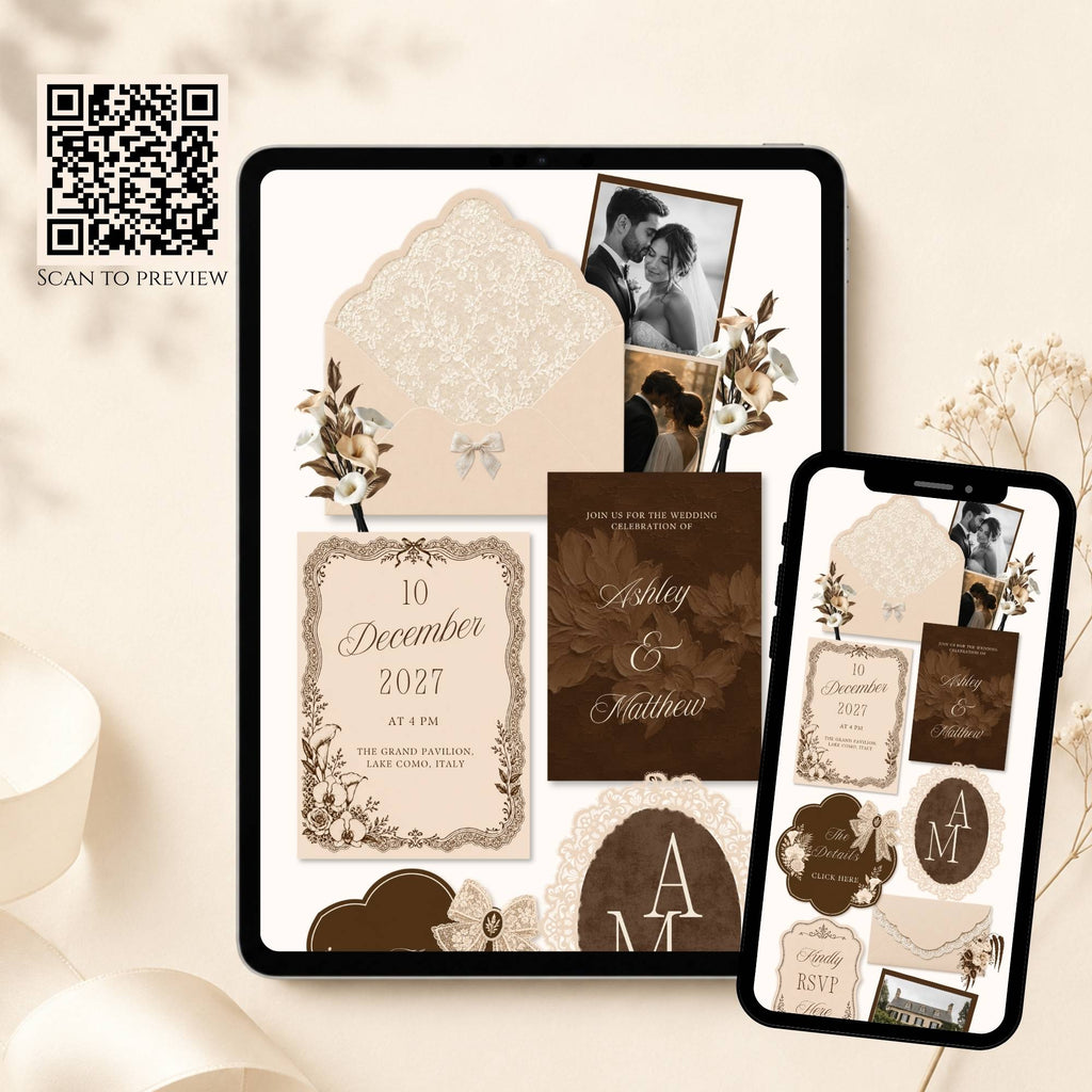Interactive envelope opening page for brown wedding website template