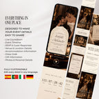 Brown wedding website showing invitation, countdown, love story, programme, venue, RSVP and guest information sections.