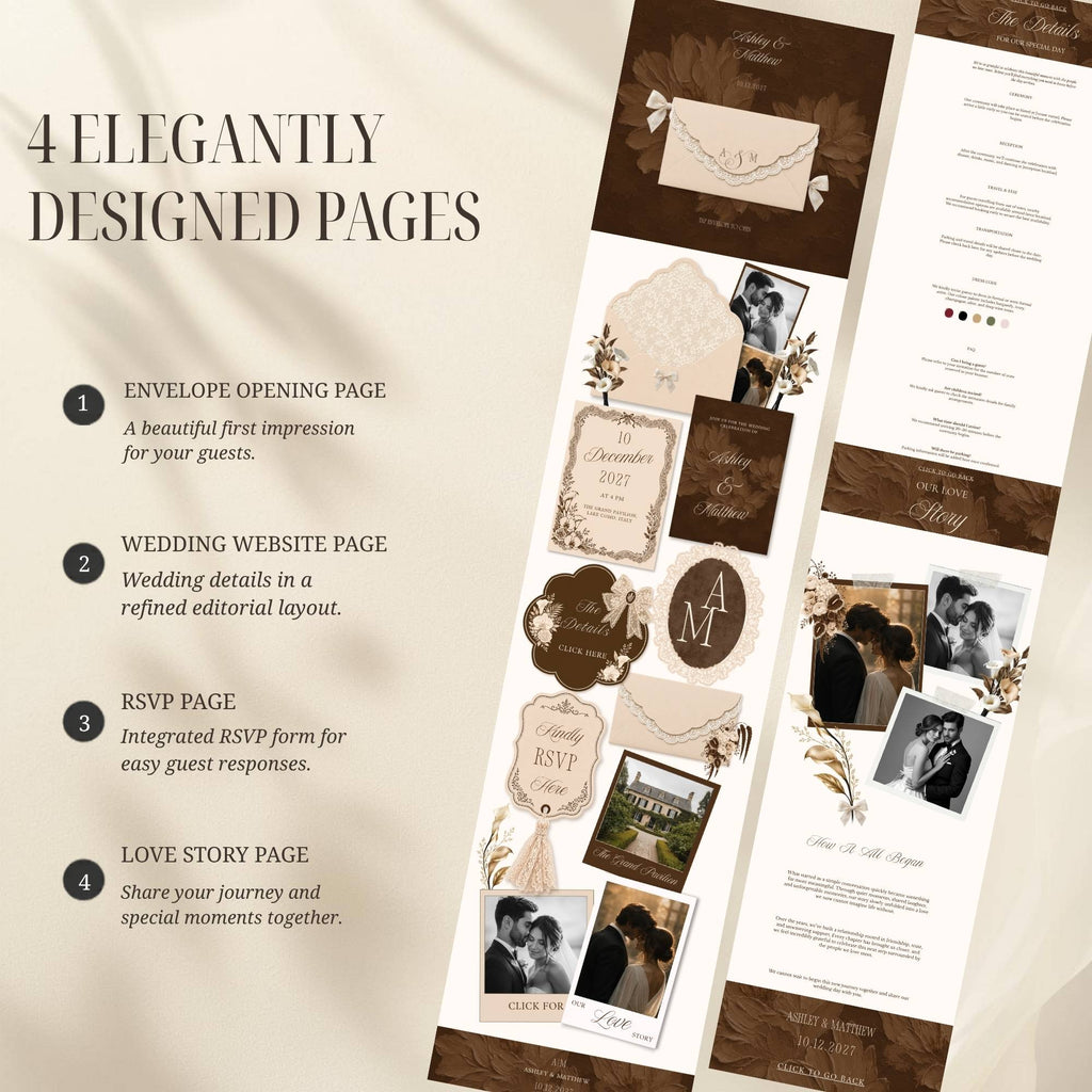 Brown Canva wedding website homepage with floral details and wedding information