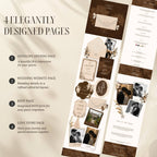 Brown Canva wedding website homepage with floral details and wedding information