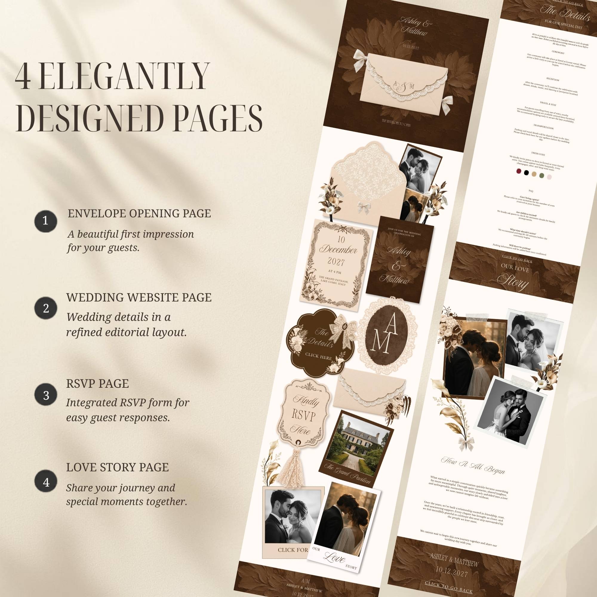 Brown Canva wedding website homepage with floral details and wedding information