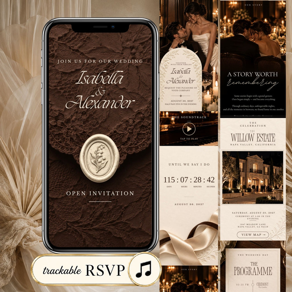 Brown wedding website invitation with romantic candlelit photography, envelope opening, countdown, RSVP and wedding details.